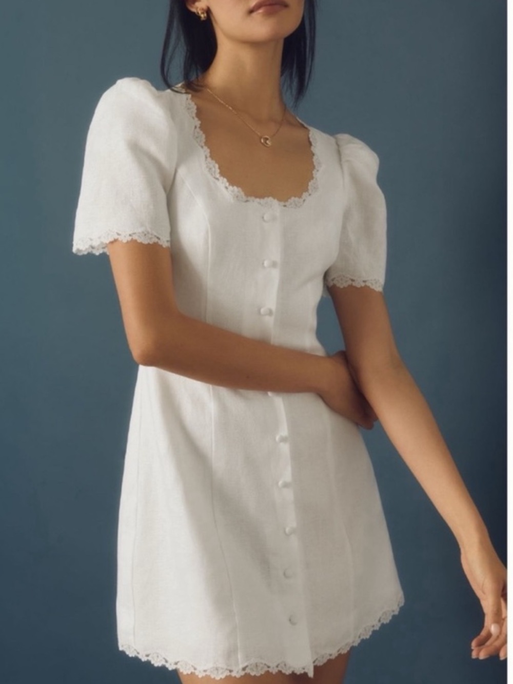 Reformation White Lace-Trim Button Mini Dress - Picture 2 of 6
